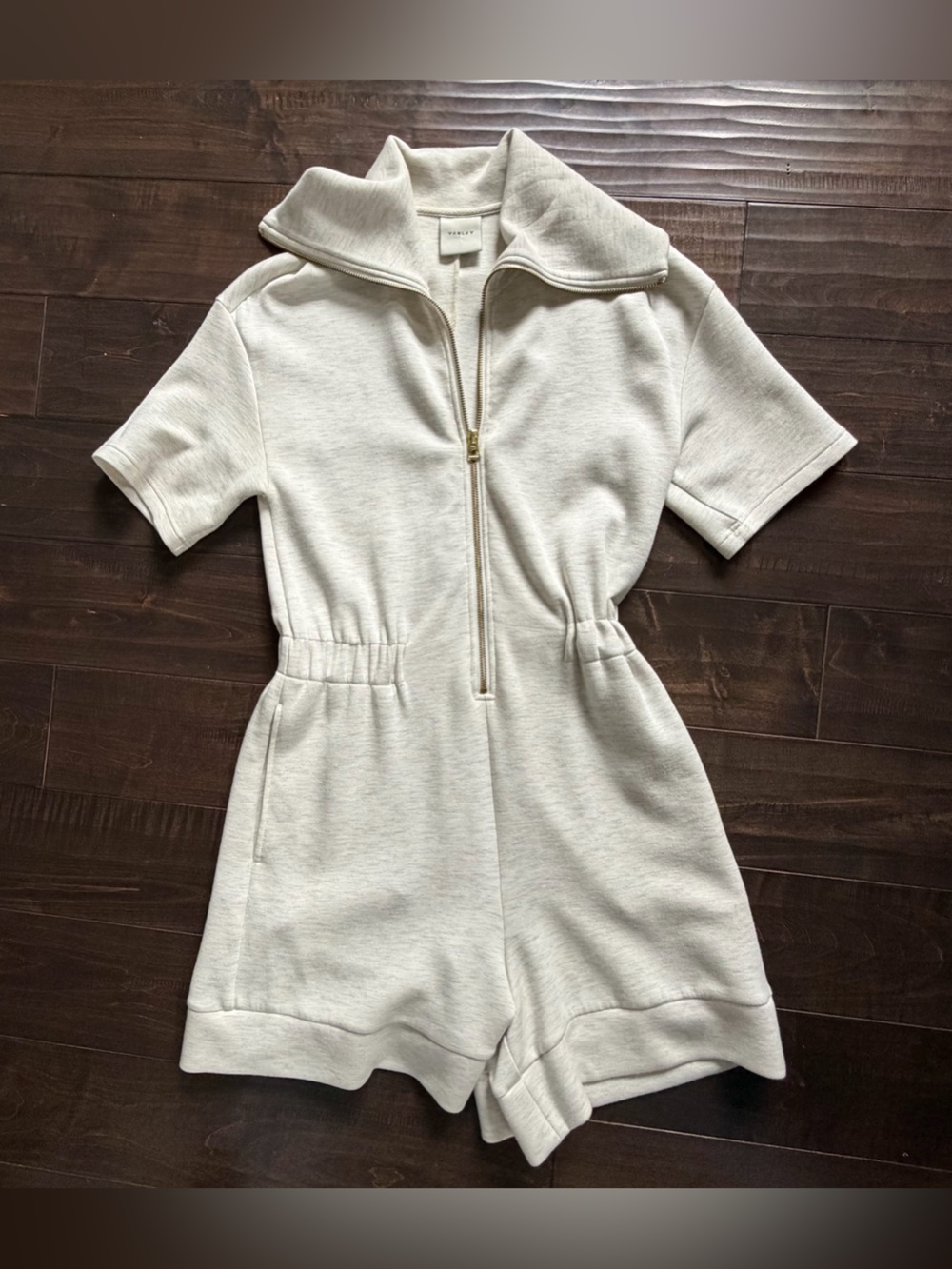 Varley Light Oatmeal Zip-Front Short Sleeve Romper